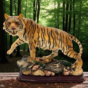 Bengal Tiger Collectible Wild Cat Animal Resin Figurine Statue With Wood Base